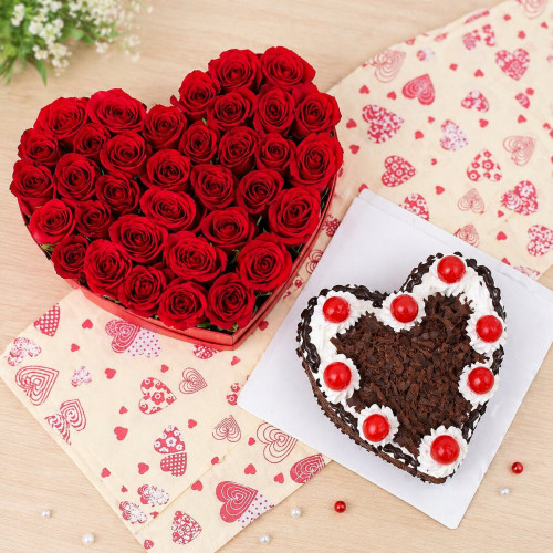 Heart Shape Roses with Chocolate Cake Combo
