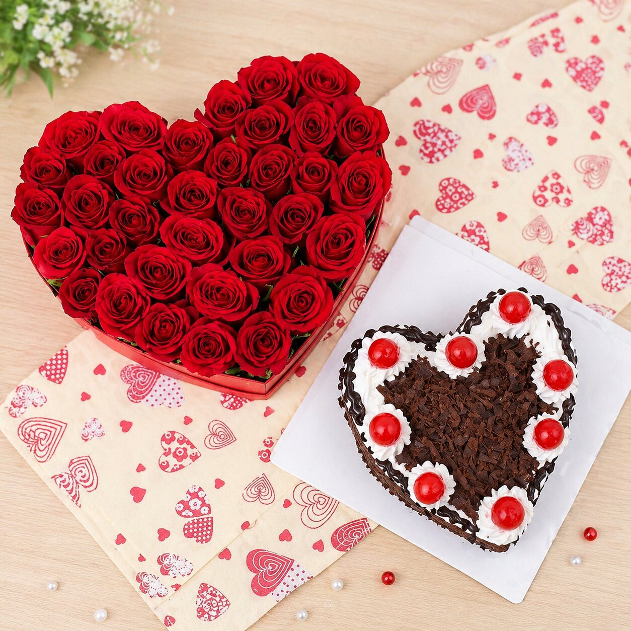 Heart Shape Roses with Chocolate Cake Combo