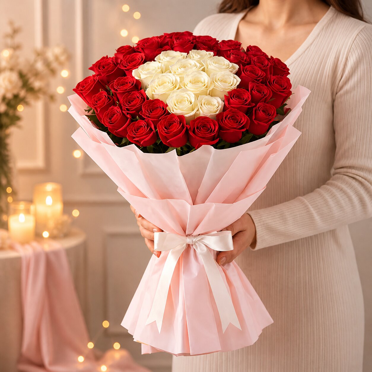 Red and White Roses Elegant Bouquet