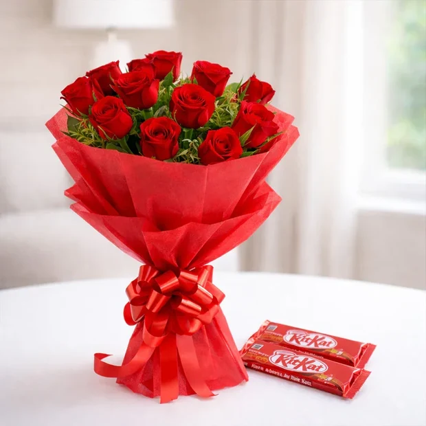 Romantic Red Rose Bouquet with Kit Kat chocolates