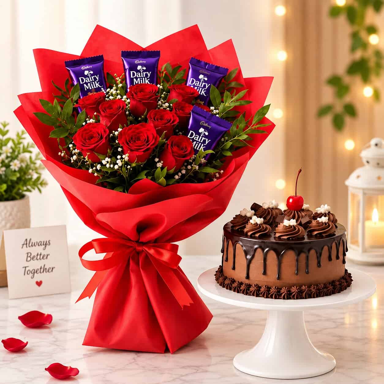 Romantic Red Roses, Dairy Milk & Chocolate Cake Combo