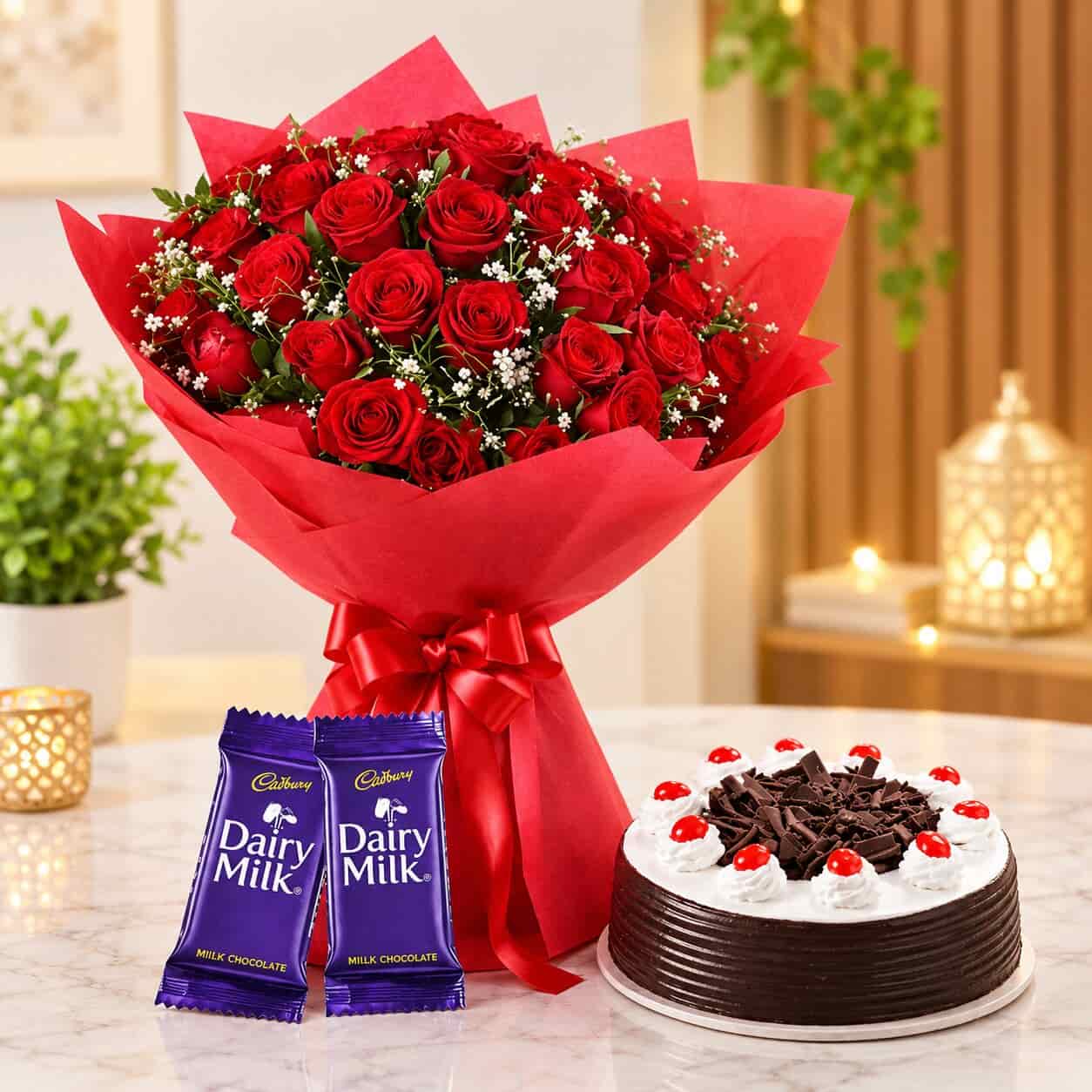 Romantic Red Roses, Dairy Milk & Chocolate Cake Combo | APSgifts