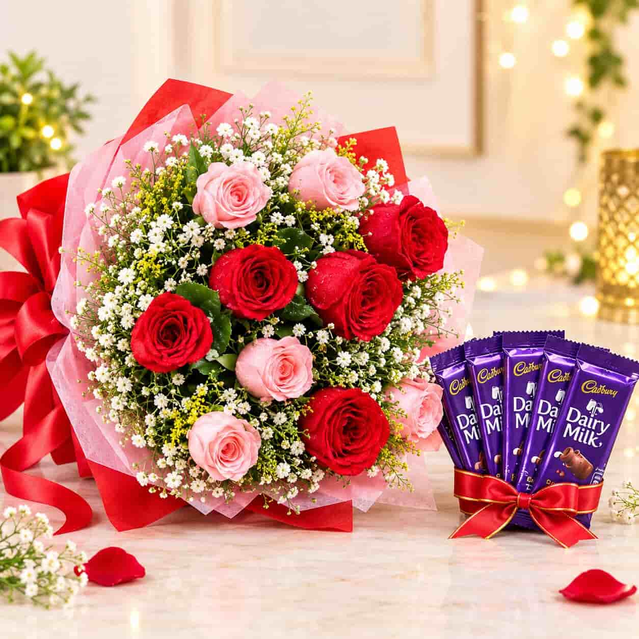 Red & Pink Roses with Dairy Milk Surprise